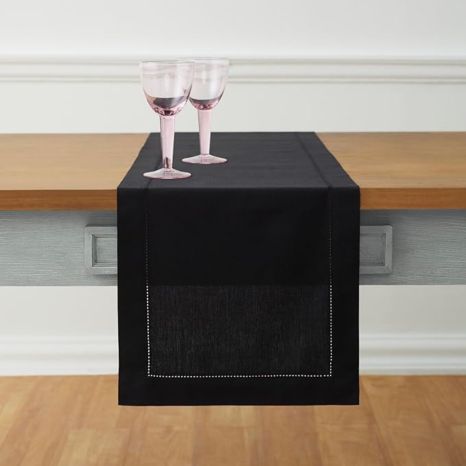 Solino Home Black Table Runner 90 Inches Long - Cotton Linen Hemstitch 14 x 9...