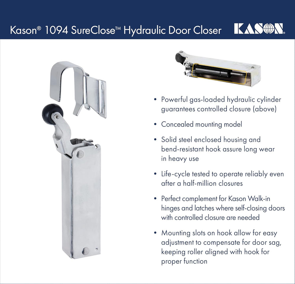 Kason 1094 SureClose Hydraulic Door Closer and Hook, Concealed Mounting, Adju...