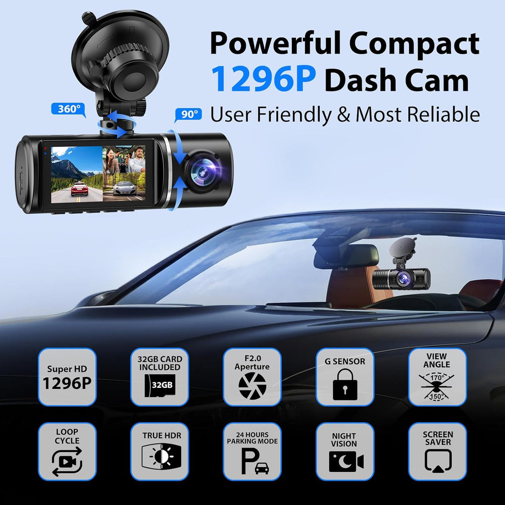 Dash Cam Front and Rear, 1296P Dash Camera for Cars, 3 Channel Car Camera Fro...