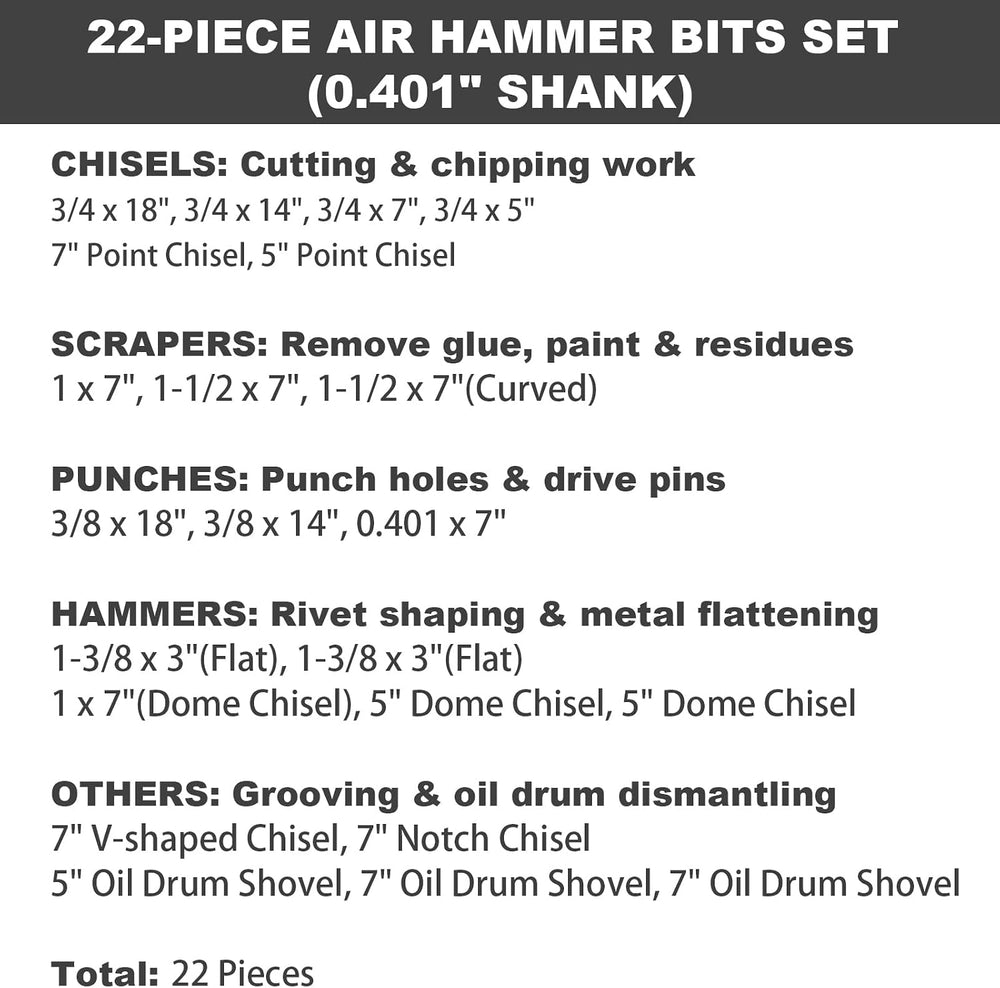 22โPiece Air Hammer Bits Set,0.401 Inch Shank Pneumatic Chisel Bits Kit,Cr-Mo...