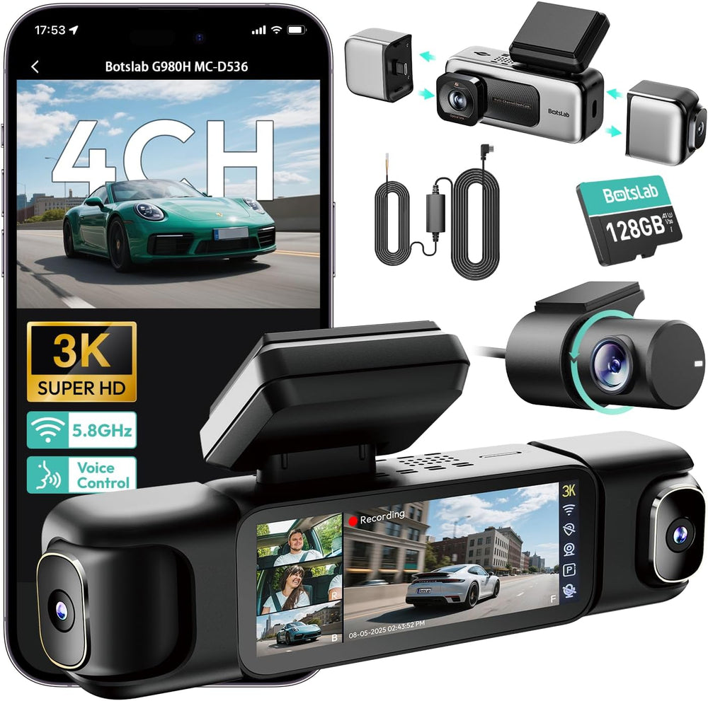 BOTSLAB 4 Channel 360ยฐ Dash Cam with Hardwire Kit, 128GB Card,Voice Control