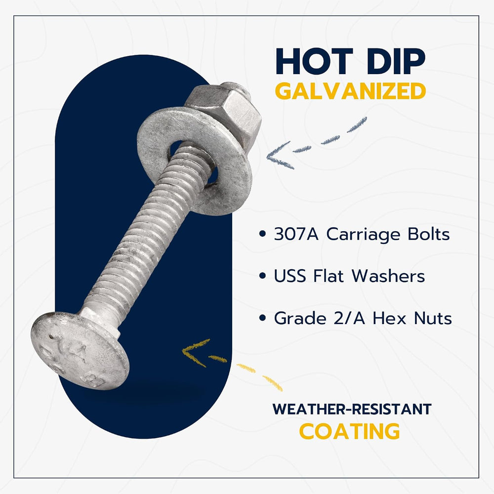 1/4" x 2" (100 Pack) Galvanized Carriage Bolt Kit Grade 307A Includ...
