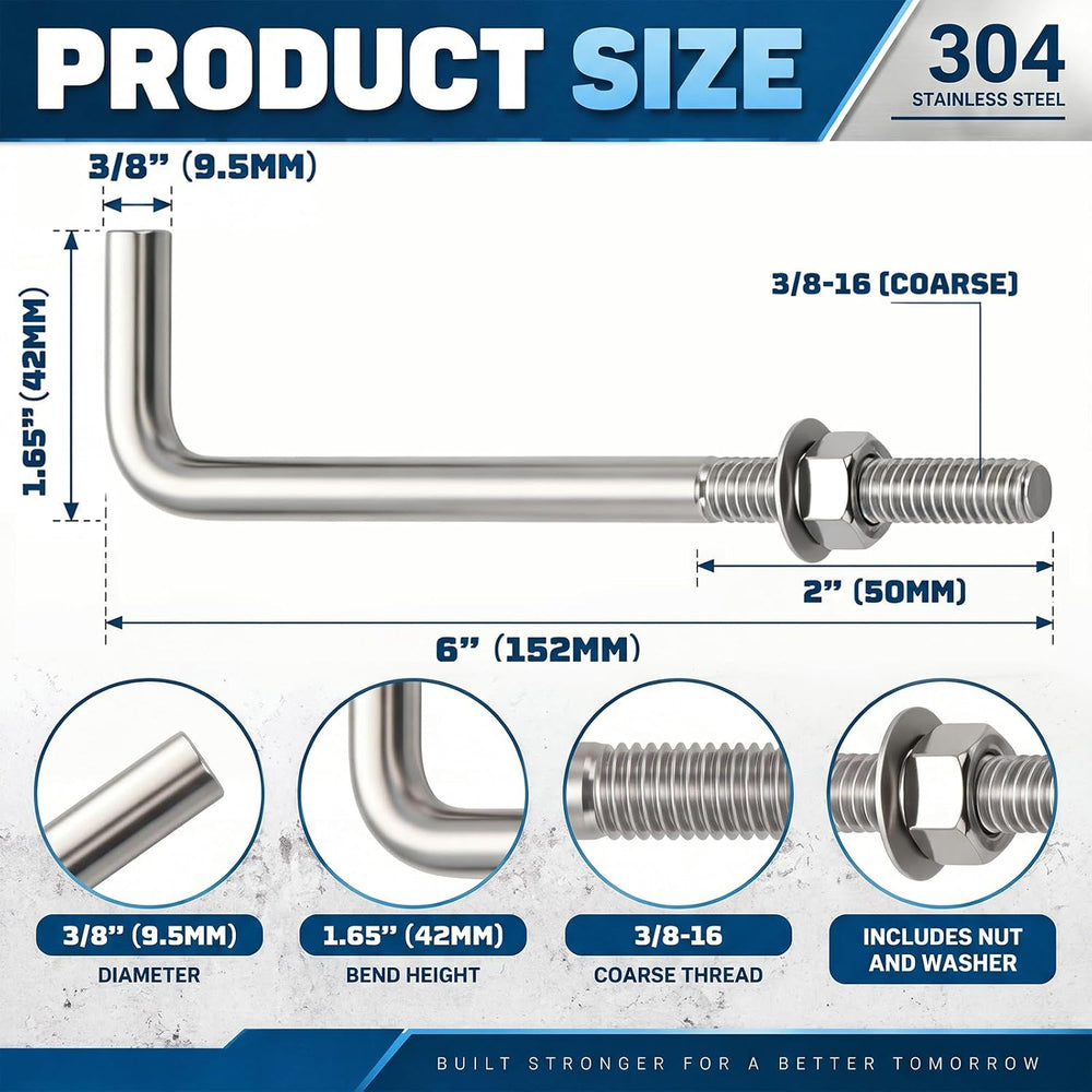 Yaocom 20 Pcs Anchor Bolts 3/8โ16 x 6'' 304 Stainless Steel
