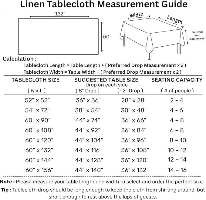 Solino Home Linen Tablecloth for Rectangle Tables 60 x 132 Inch - Classic Hem...