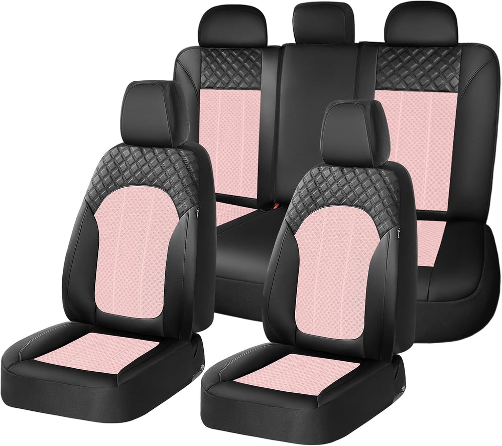 Pink Car Seat Covers Full Set Leather Mesh Front and Rear Seat Cover Automoti...