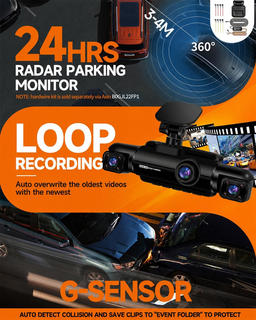 Neideso 360ยฐ Dash Cam Front and Rear Inside, 4 Channel Dash Camera for Car