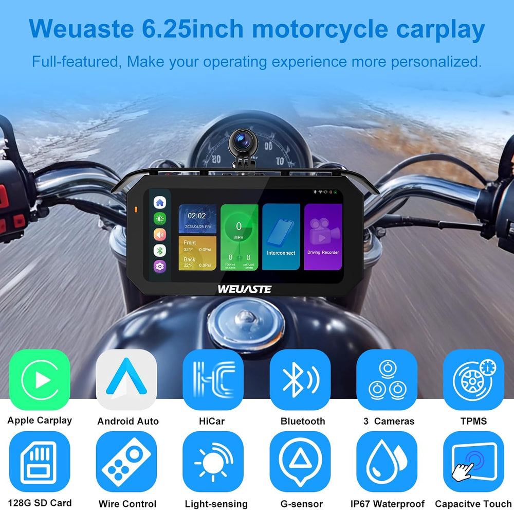 6.25" Motorcycle Carplay Screen with GPS NavigationSystem, Wireless Andr...