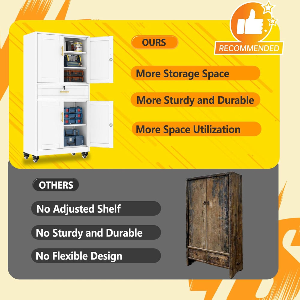74" White Lockable Rolling Metal Garage Storage Cabinet