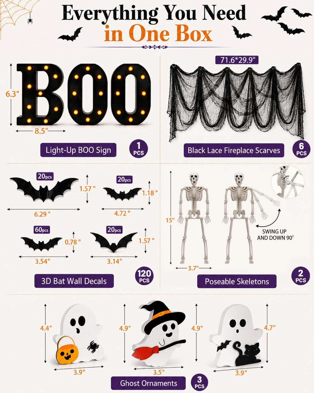 132PCS Halloween Mantel Decor Set, Boo Letters, Ghosts, Gothic Wall Decor