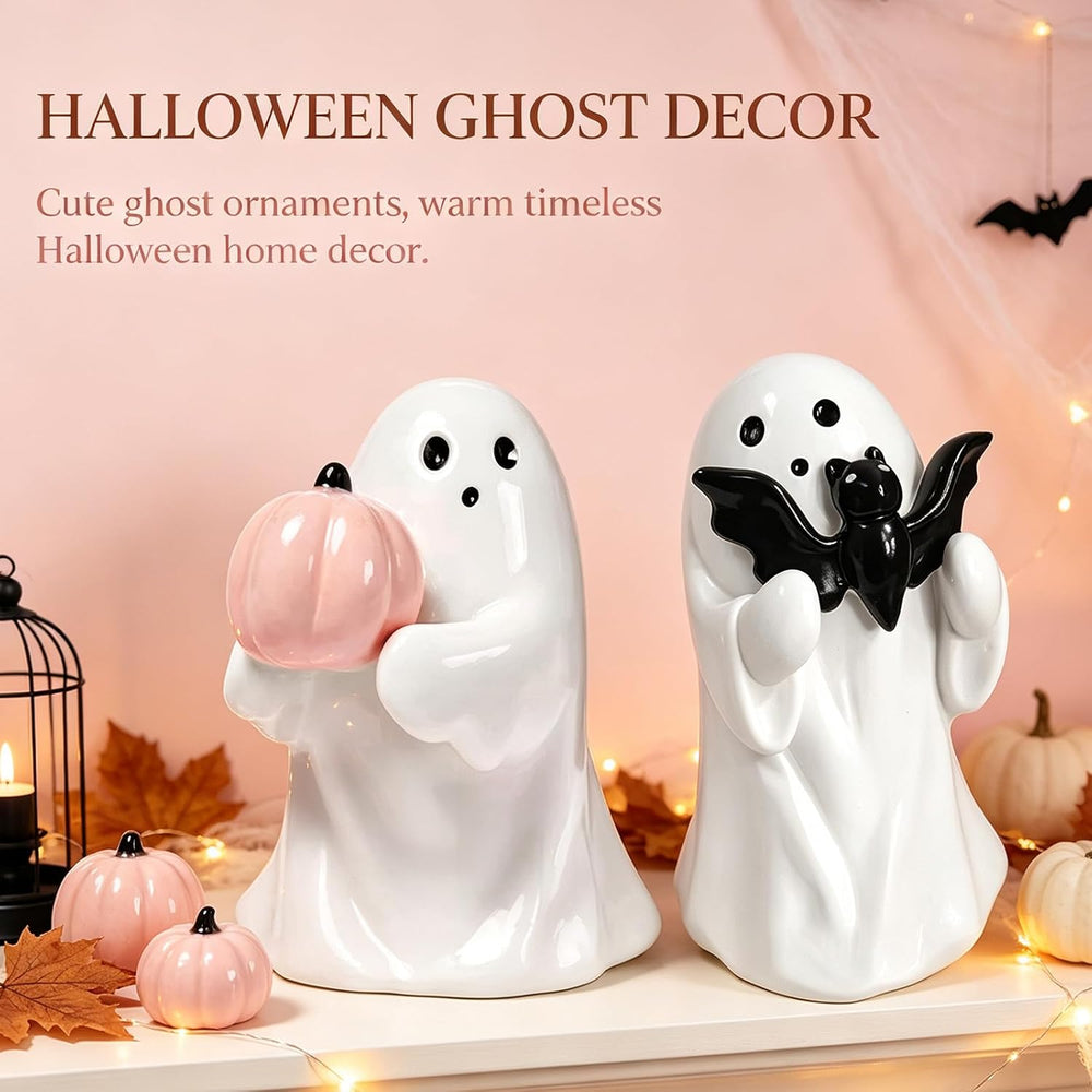 2Pcs Halloween Resin Ghost Figurines Cute Pink White Decor Indoor