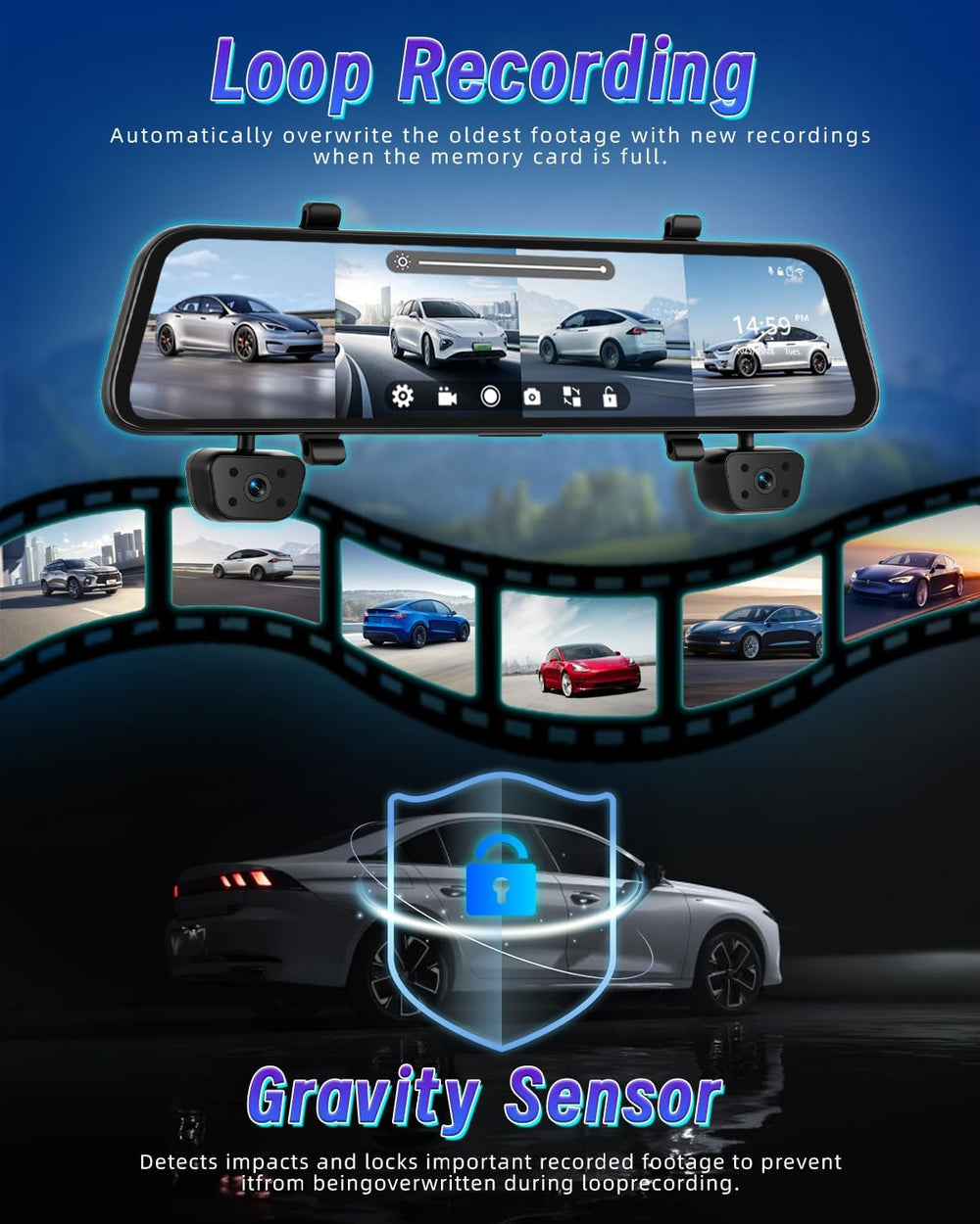 12'' Rearview Mirror Camera for Cars, NHOPEEW 360 Degree View 4 Chann...
