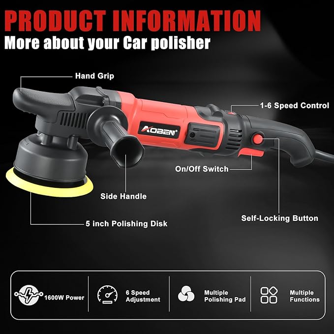 AOBEN Buffer Polisher, 5 inch DA Car Polisher, Long Orbit 16mm Random Buffer