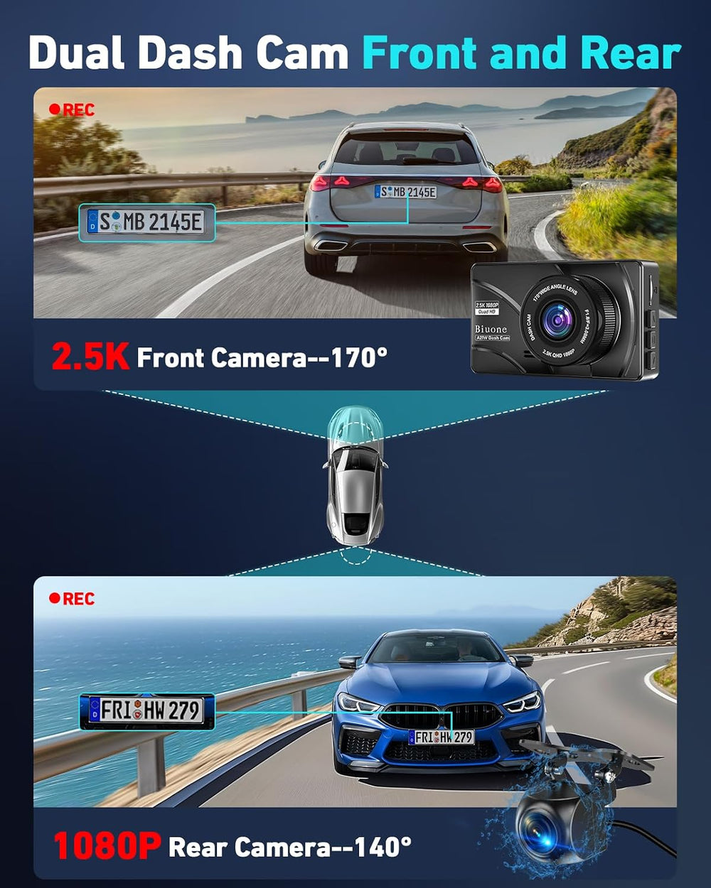 Dual Dash Cam, 2.5K Front, 1080P Rear, 5G WiFi, 64GB Card