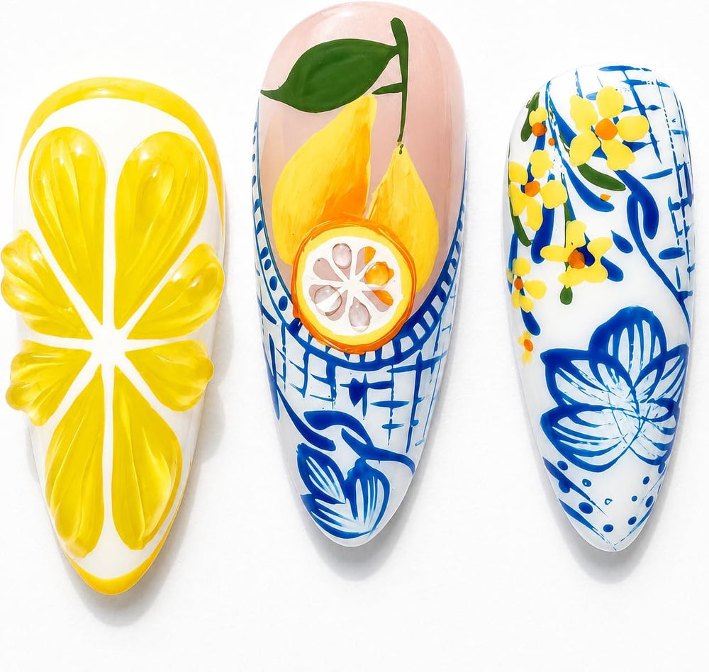 Handcrafted Press On Nails Italian Vacation Style Lemon & Blue Ceramic Pa...