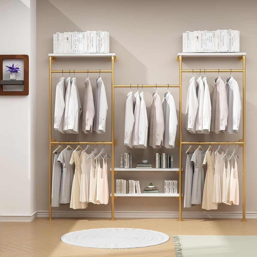 HOMEKAYT Industrial Pipe Clothes Rack with Shelves, Gold Clothing Rack Wall M...