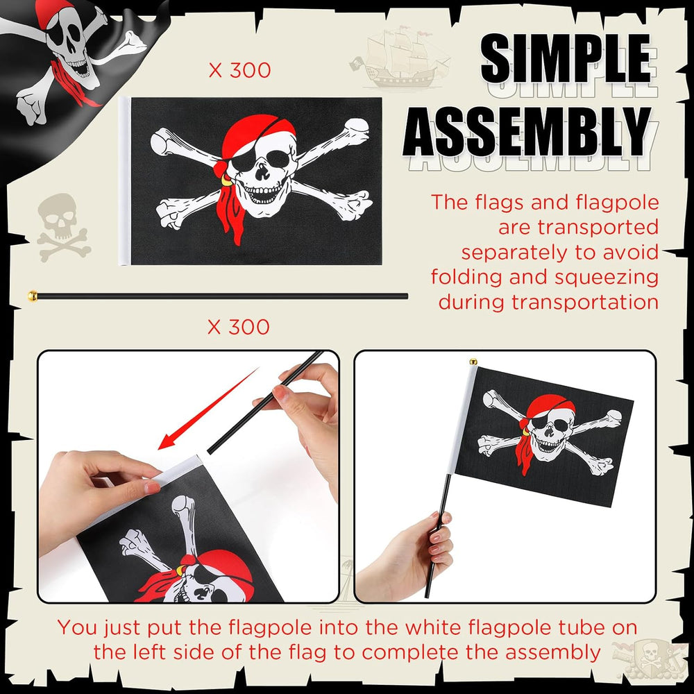 300 Pcs Pirate Mini Flag on Stick Plastic Flag, 5.5 x 8.3 Inch Hand Held Mini...