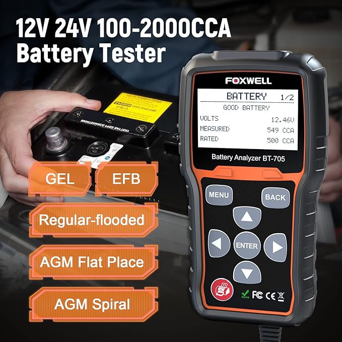 FOXWELL BT705 Car Battery Tester 12V 24V, Automotive 100-2000CCA Battery Load