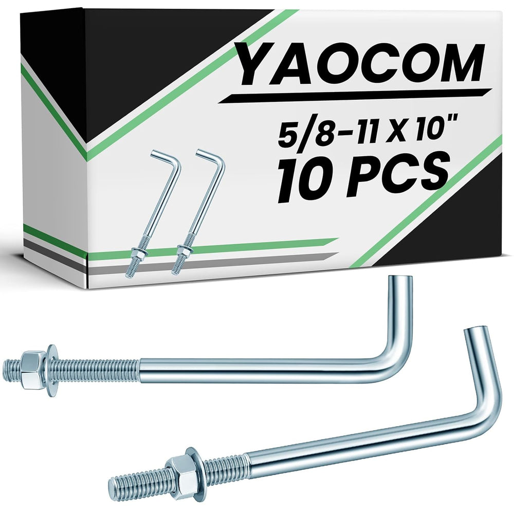 Yaocom 10 Pcs J Bolt Galvanized Anchor Bolts with Nuts Washer, 5/8-11 x 10