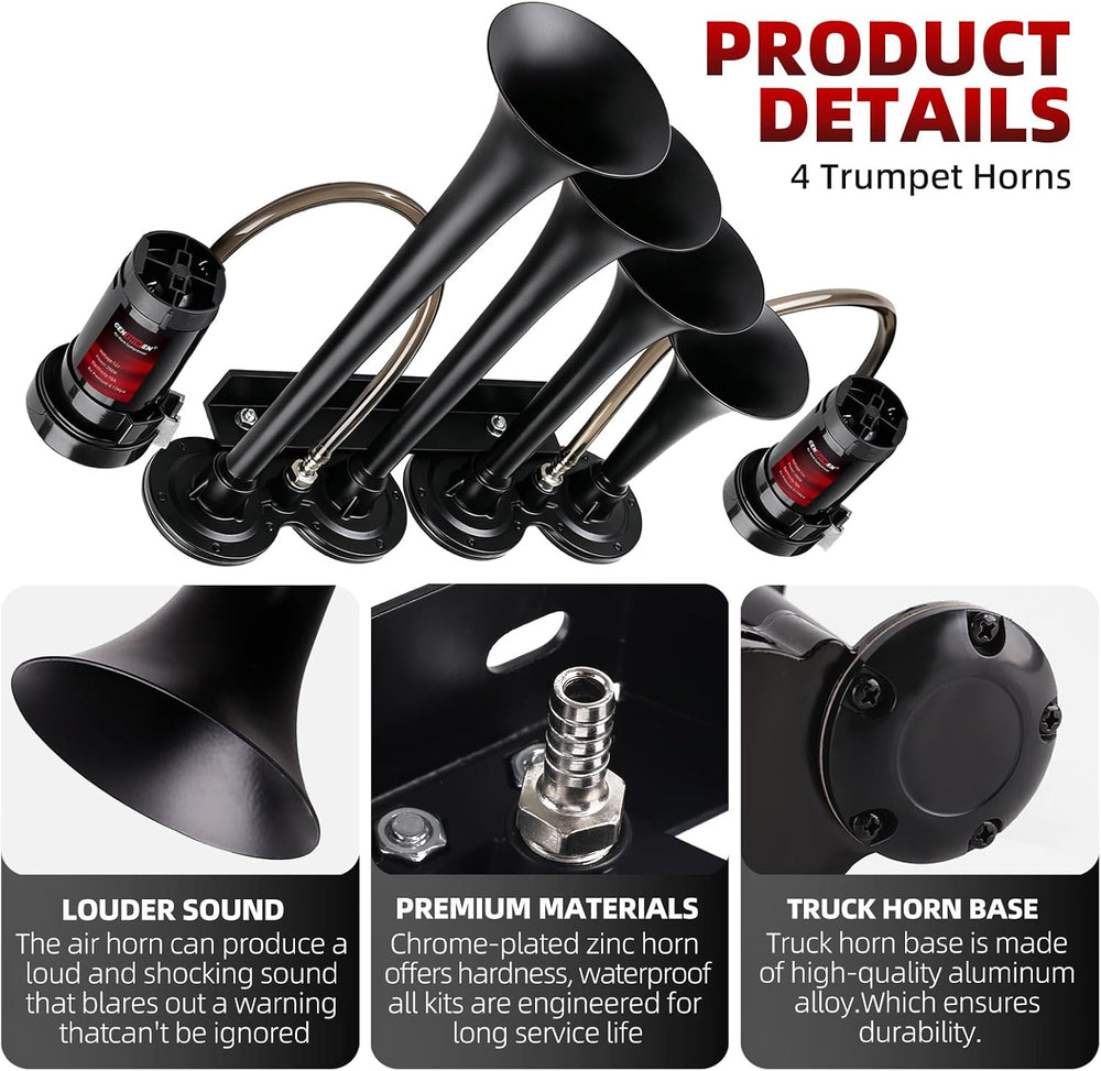 12V Train Air Horn for Truck With 2 Compressors/4 MetalTrumpets