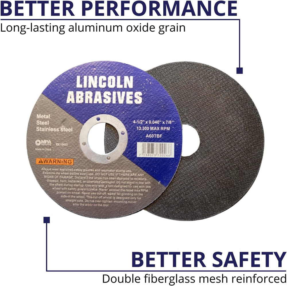 100 Pack 4.5" Cut-Off Wheels Lincoln Abrasives .040" Metal & St...
