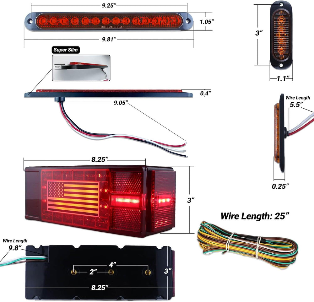 Submersible LED Trailer Light Kit Rectangle American Flag Designed 3rd Brake ...