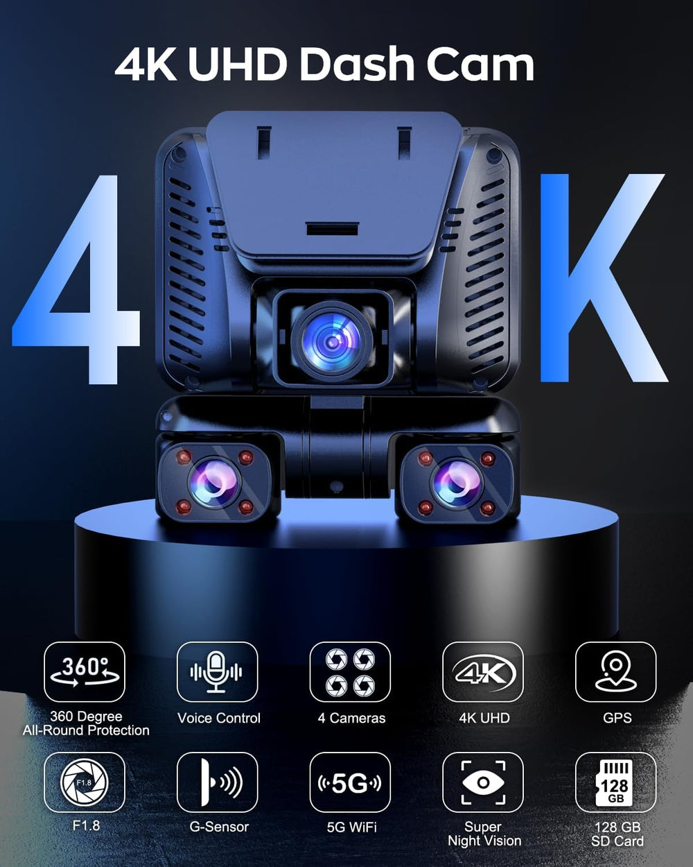 4K Dash Cam 360ยฐ View,4 Channel Front and Rear Dash Camera for Cars,Built-in ...