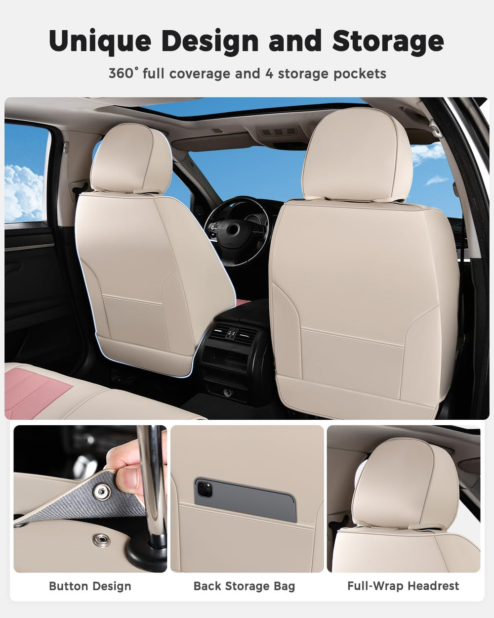 Huidasource Universal Fit Seat Covers for Most Cars SUV Trucks, Beige&Pink