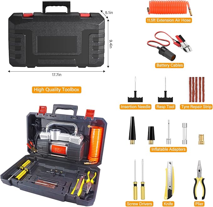 GSPSCN Digital Tire Inflator, Portable Toolbox 12V Air Compressor Pump Heavy