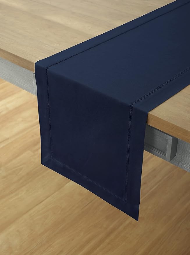 Solino Home Navy Blue Table Runner 60 Inches - Cotton Linen Hemstitch Coffee ...