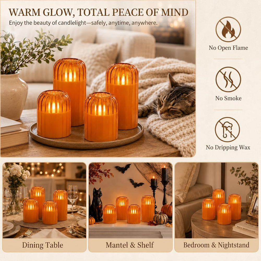 Fall Decorations for Home, Orange Glass Flameless Candles with Remote & T...