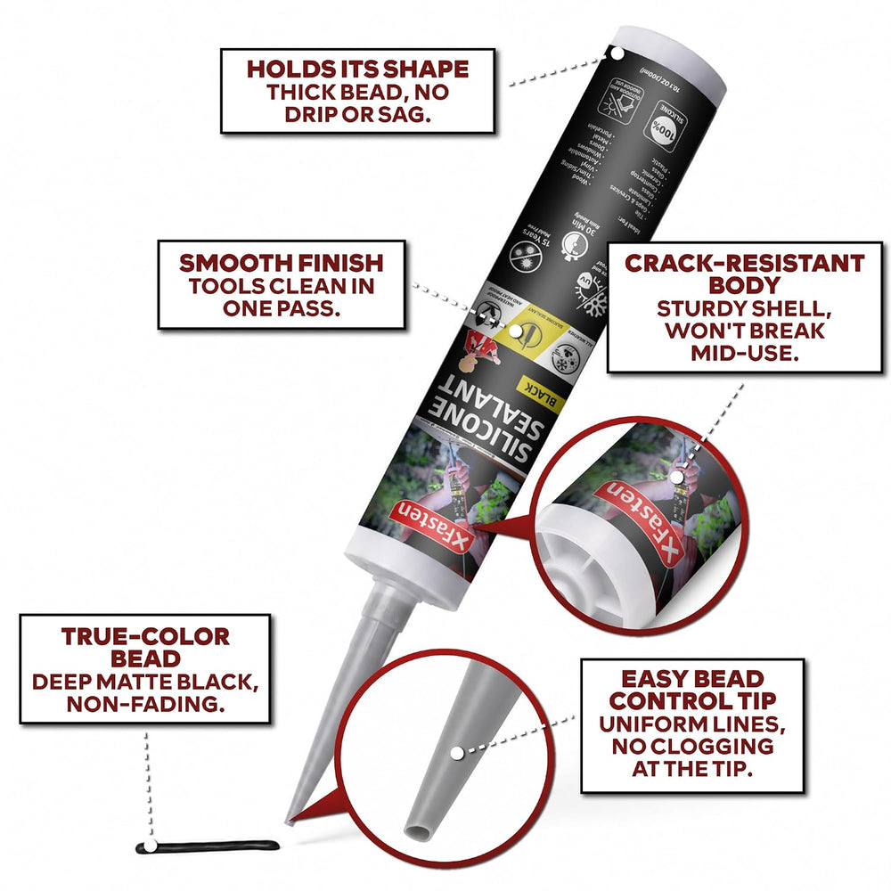 XFasten Silicone Sealant Waterproof Black Cartridge, 10.1 oz (4-Pack) Black C...