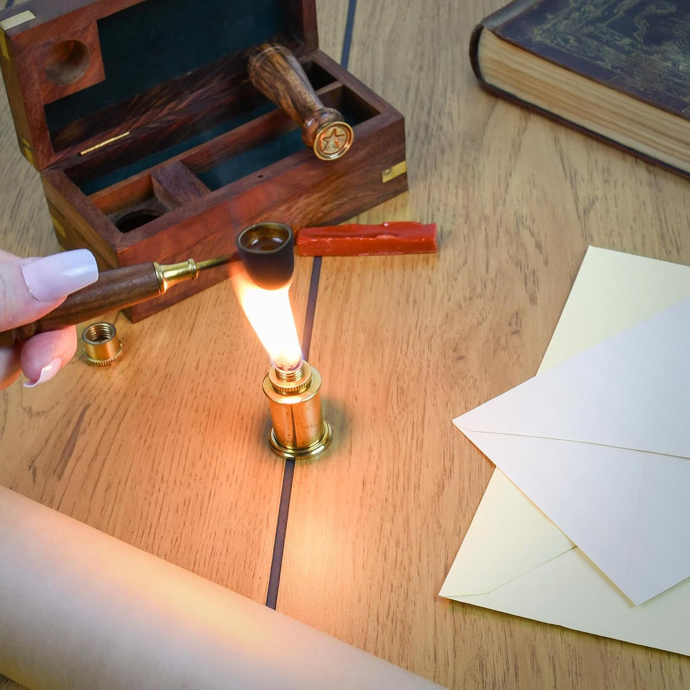 Letter Stamp Wax Seal Kit - Wooden Box with Pot, Sticks and Burner Wood Handl...