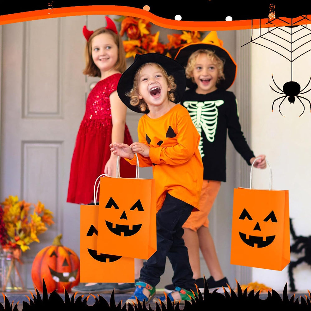 Ctosree 100 Pcs Halloween Pumpkin Gift Bags with Handle, Party Favor Bags