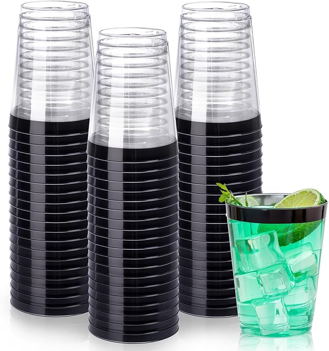 DaYammi 100 Pack Black Plastic Cups 10Oz Clear Disposable Cups with Black Rim...