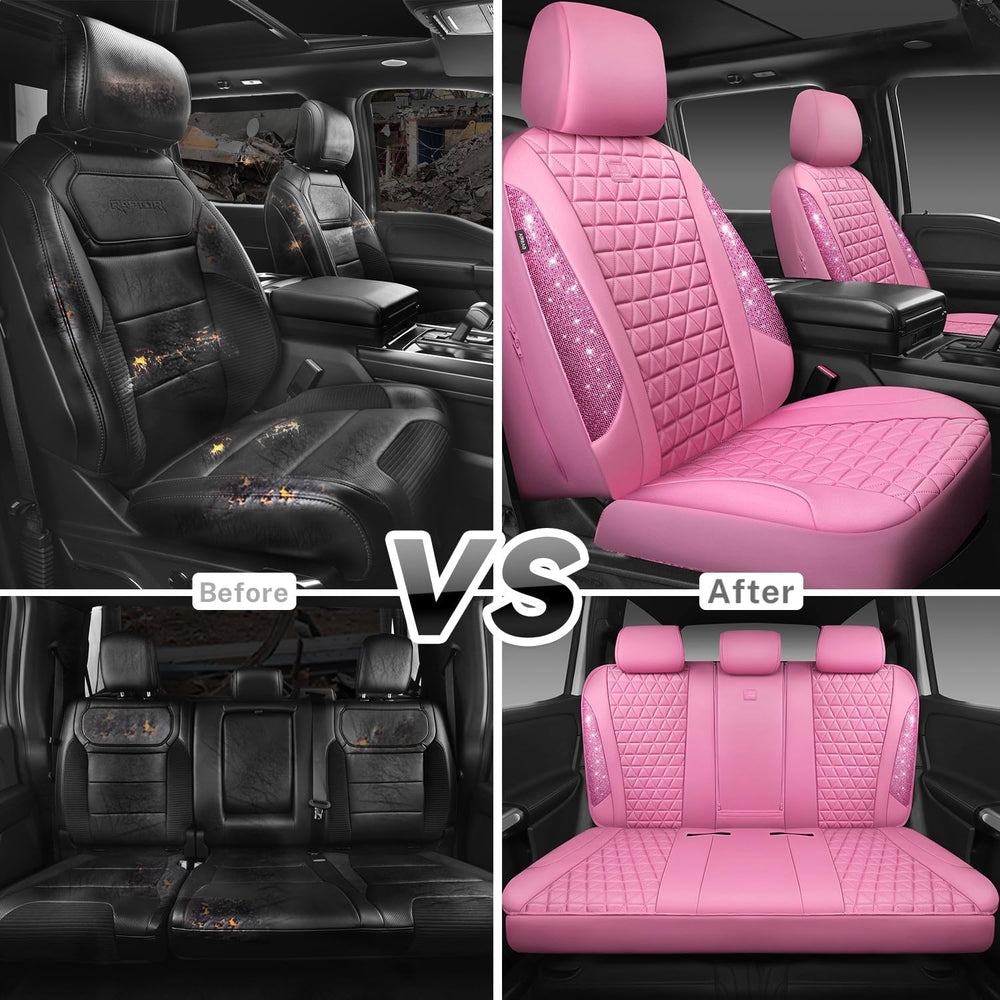CAR PASS Bling Diamond Pink Leather Car Seat Covers Full Sets Interior Sets, ...