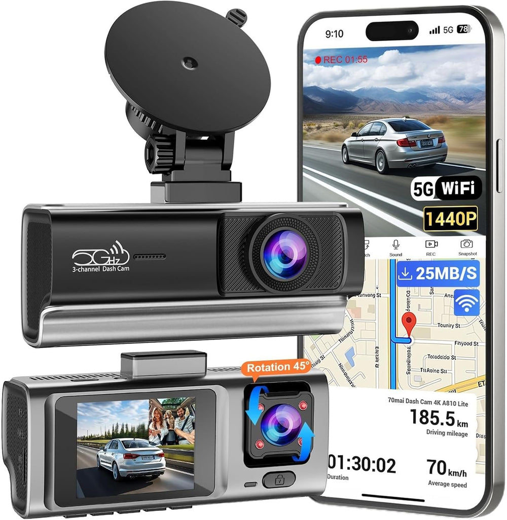 3 Channel Dash Cam Front and Rear Inside, 2.5K Front Cabin Recorder with Supe...