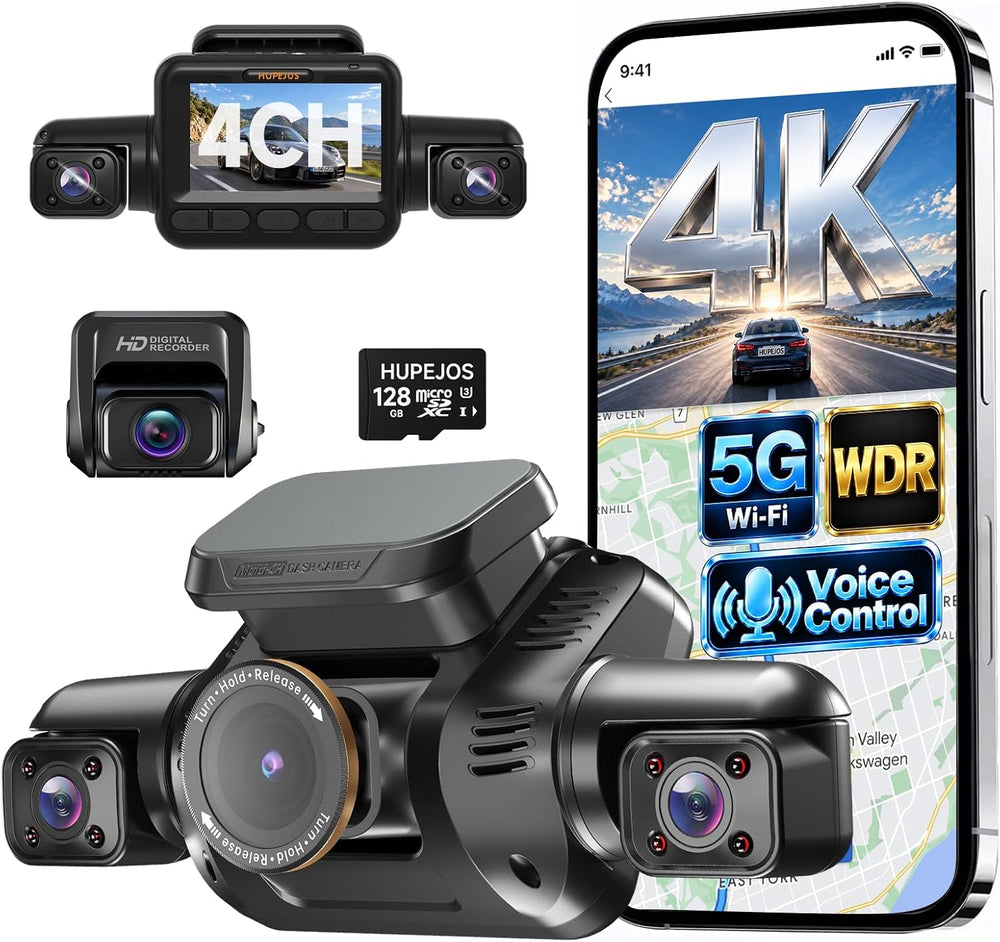 HUPEJOS 4K Dash Cam Front and Rear, 4 Channel 360ยฐ View Camera for Car