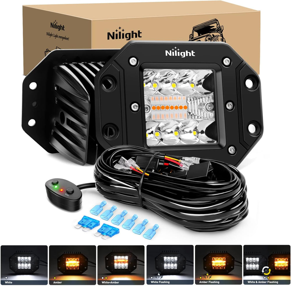 Nilight 2PCS 42W Light Pods Flush Mount Spot Flood Amber White Strobe 6 Modes...