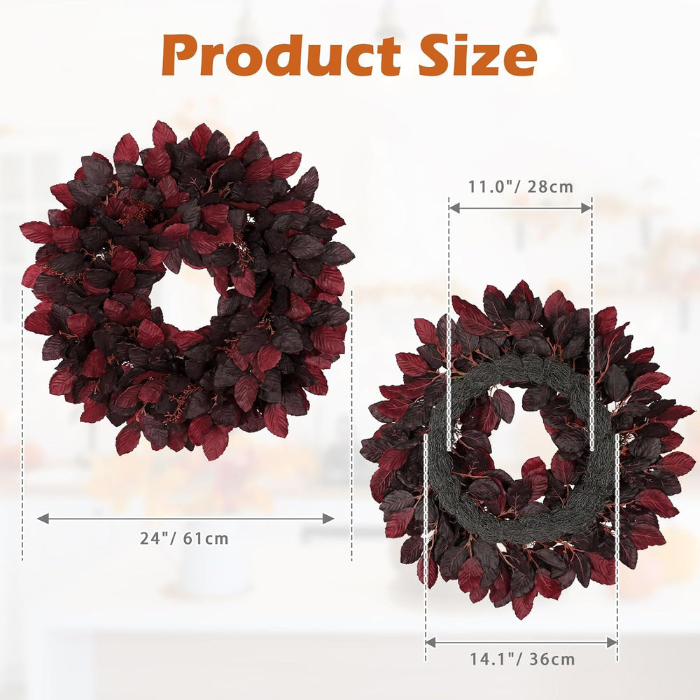 Artificial Fall Leaf Wreath for Front Door – 24" Autumn Wreath with Life...