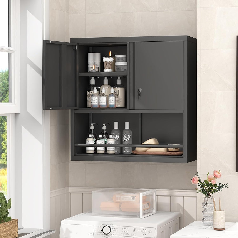 Locking Metal Garage Wall Cabinet with Doors and Shelf