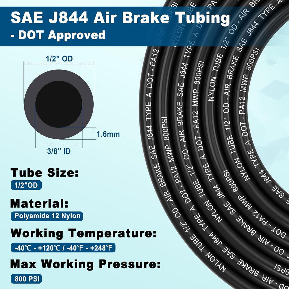 1/2" DOT Air Line, 100FT SAE J844 PA12 Nylon Air Tubing with Cutter