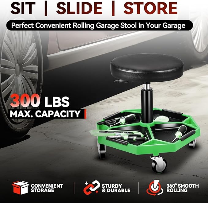 Auto Dynasty Mechanic Stool, Adjustable Rolling Pneumatic Creeper Garage Shop