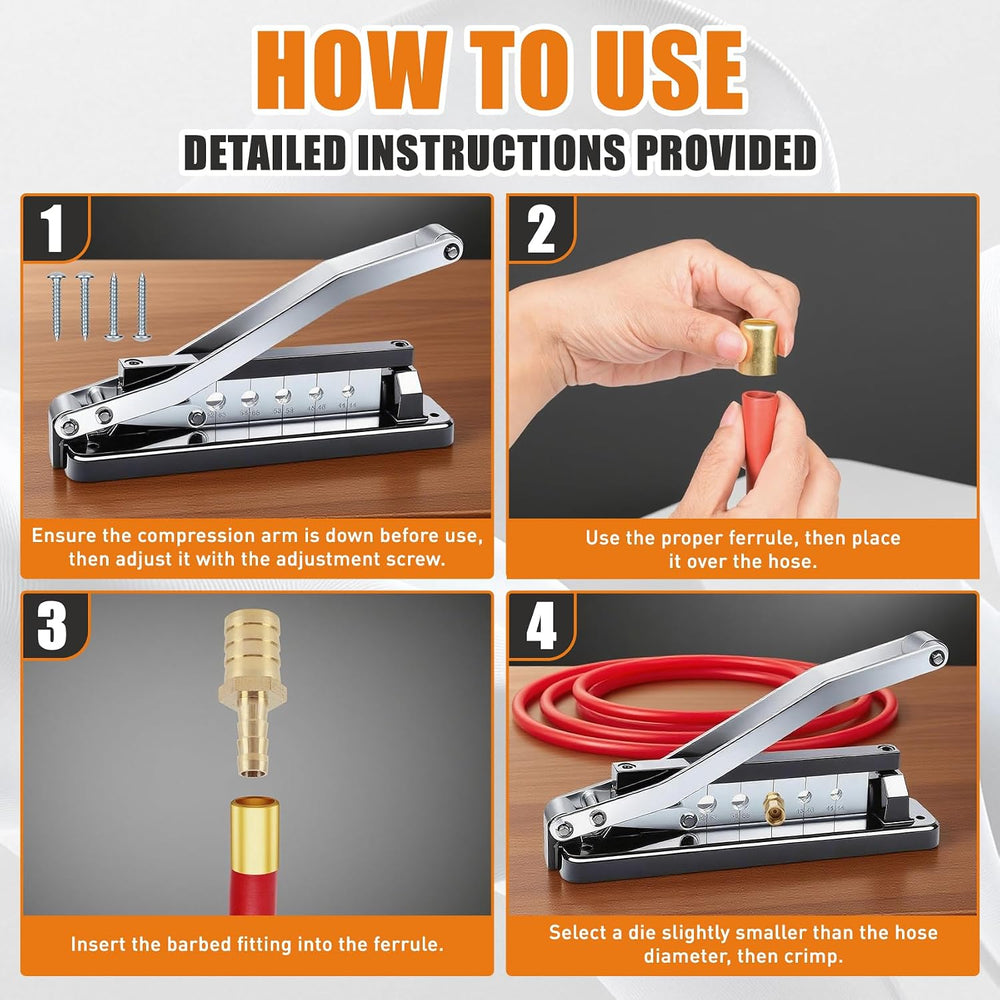 Heavy Duty Bench Hose Crimper Kit with 100 Ferrules (50x 0.593" ID& ...