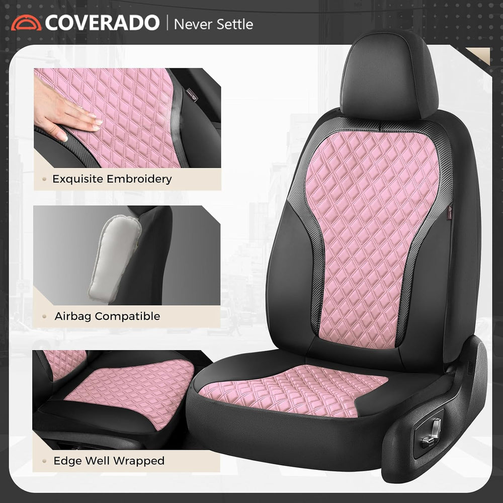Coverado Car Seat Covers Full Set, Pink Car Seat Covers, Luxury Leather Car S...