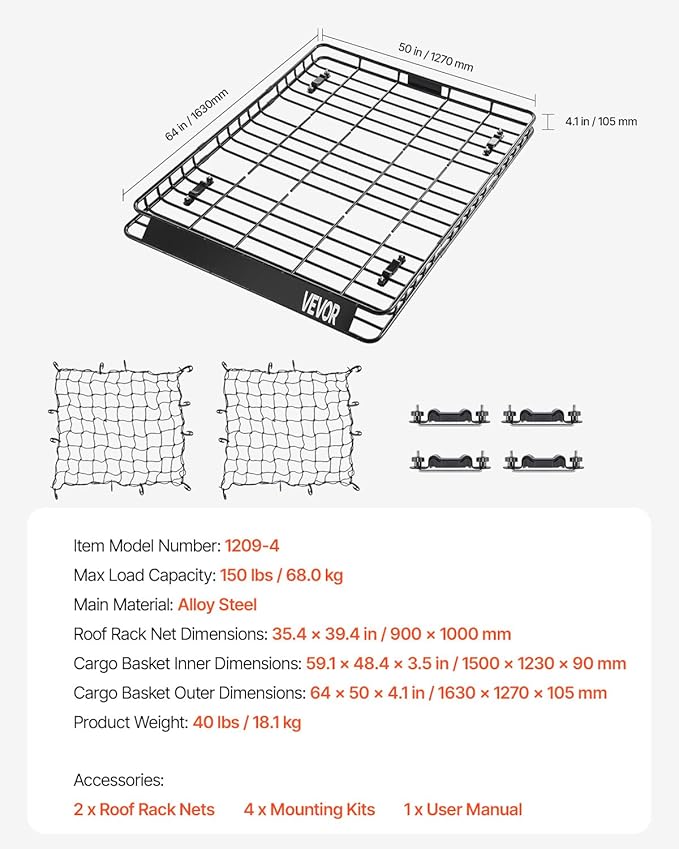 VEVOR Roof Rack Basket, Universal Rooftop Cargo Carrier