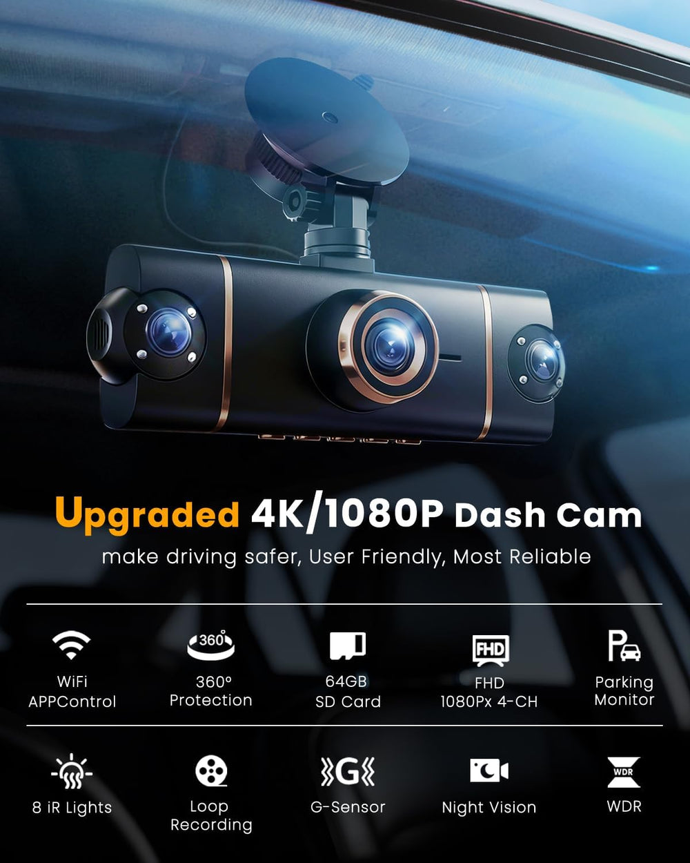 4 Channel 360ยฐ Dash Cam Front and Rear, 4K+1080P*3 FHD Car Camera