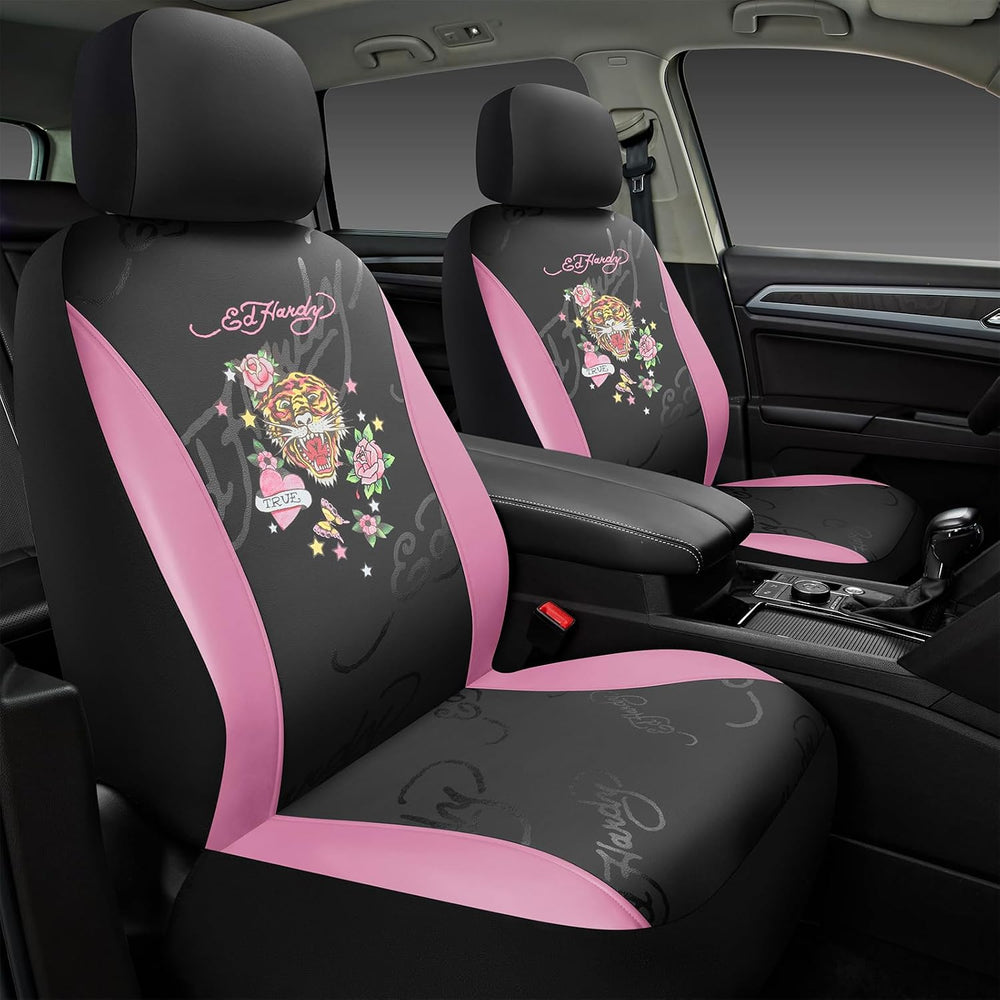 ED HARDY Tiger Print Car Seat Covers, Pink Premium Leather Front Seat Covers,...