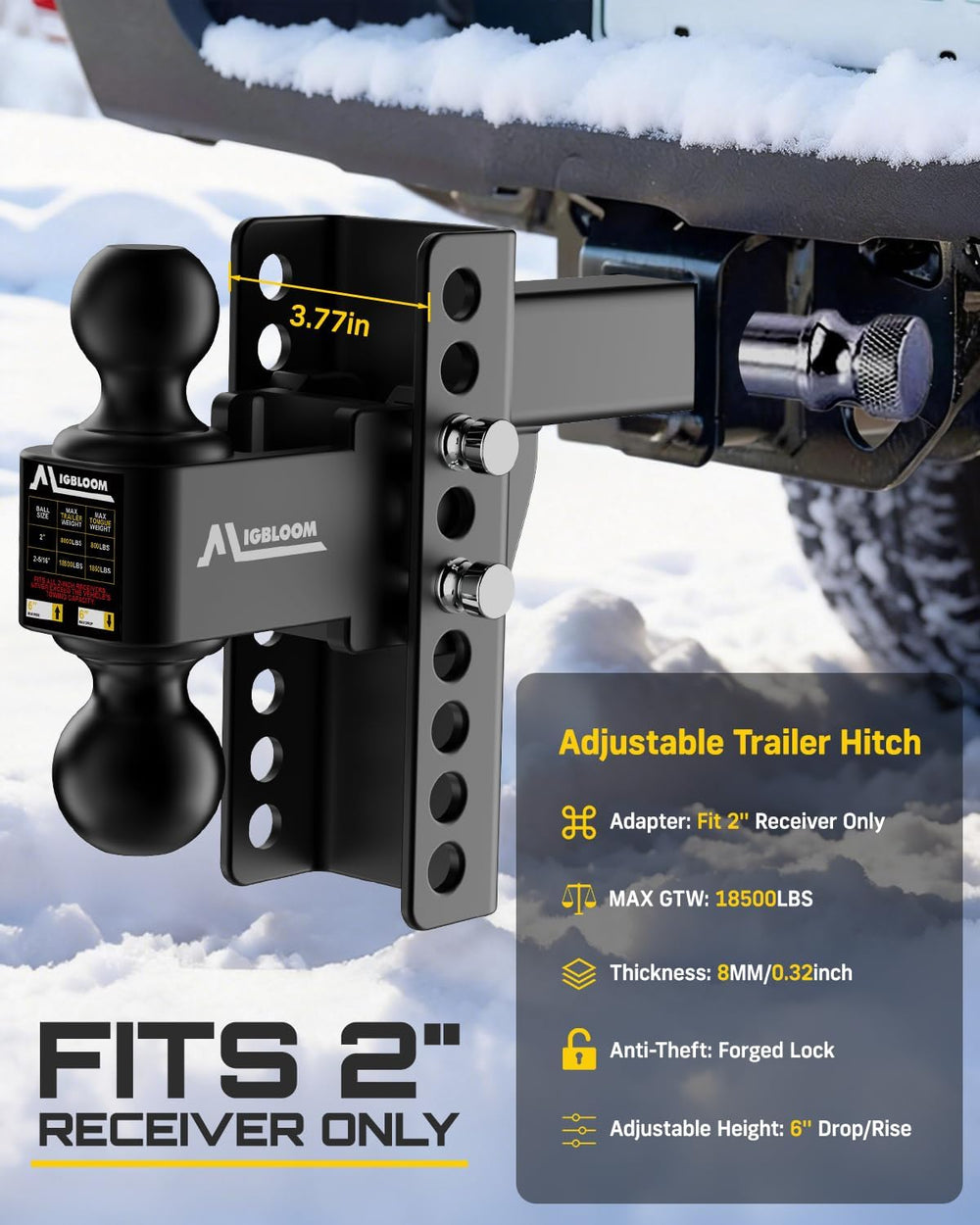 Adjustable Trailer Hitch for 2" Receiver, Heavy Duty Drop Hitch with 6&q...