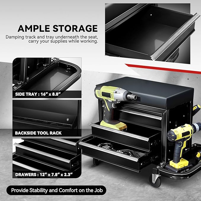 Auto Dynasty 3-Drawer Mechanic Rolling Seat, 350 LBS Capacity Roller Garage