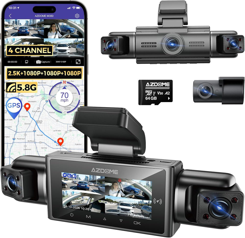 AZDOME M350 4 Channel 360 Dash Cam, 2.5K Front 1080P Rear Inside, GPS WiFi